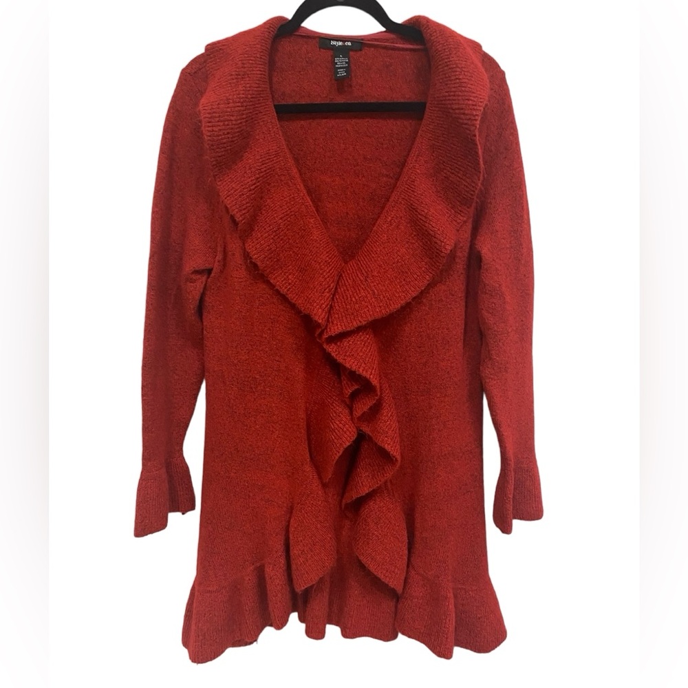 Style & Co Cardigan Duster Sweater Wool Blend Ruffle Trim Size Large Red